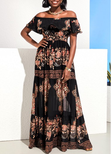 Image of Off Shoulder Flounce Tribal Print Black Maxi Dress