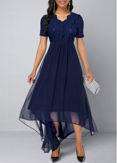 Image of Lace Stitching Chiffon Asymmetric Hem Navy Blue Dress