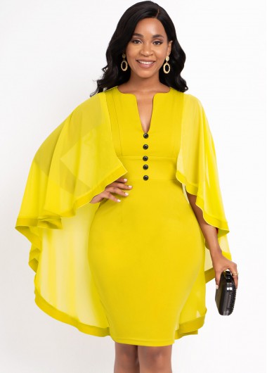 Image of Yellow Decorative Button Mesh Stitching Cape Sleeve Dress