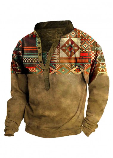 Coffee Camel Decorative Button Tribal Print Sweatshirt