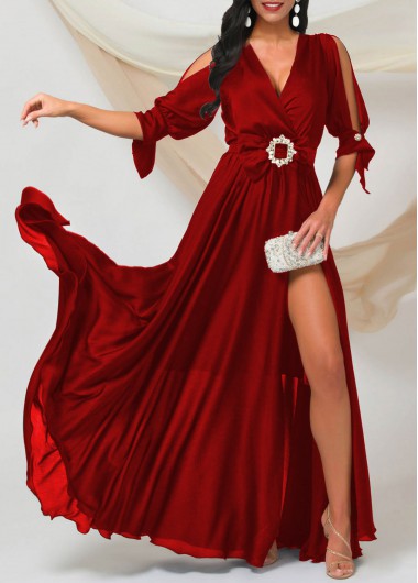 Image of Red Bowknot Split Cold Shoulder V Neck Dress
