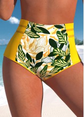 High Waisted Leaf Print Yellow Bikini Bottom