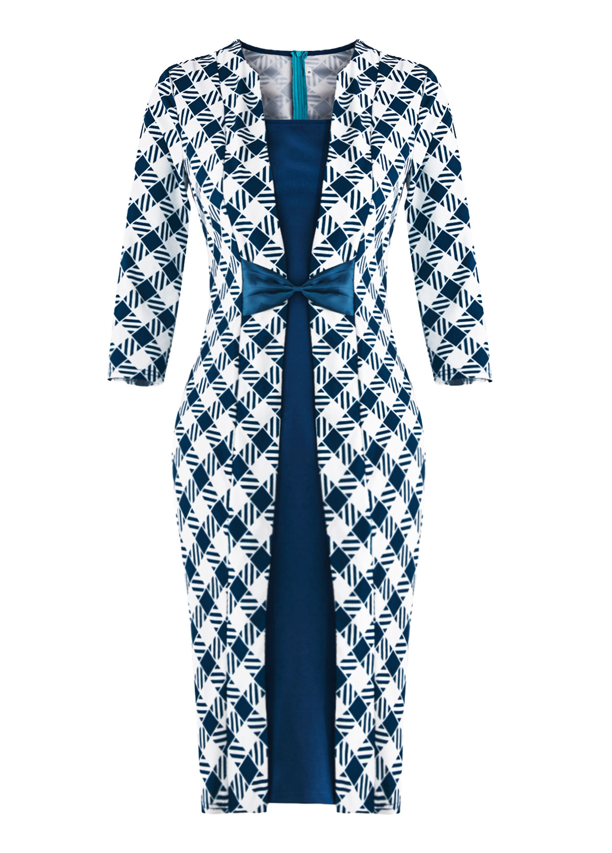 Blue Patchwork Plaid Three Quarter Length Sleeve Dress