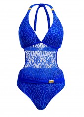 Halter Sheer Lace Royal Blue One Piece Swimwear | thumb picture 