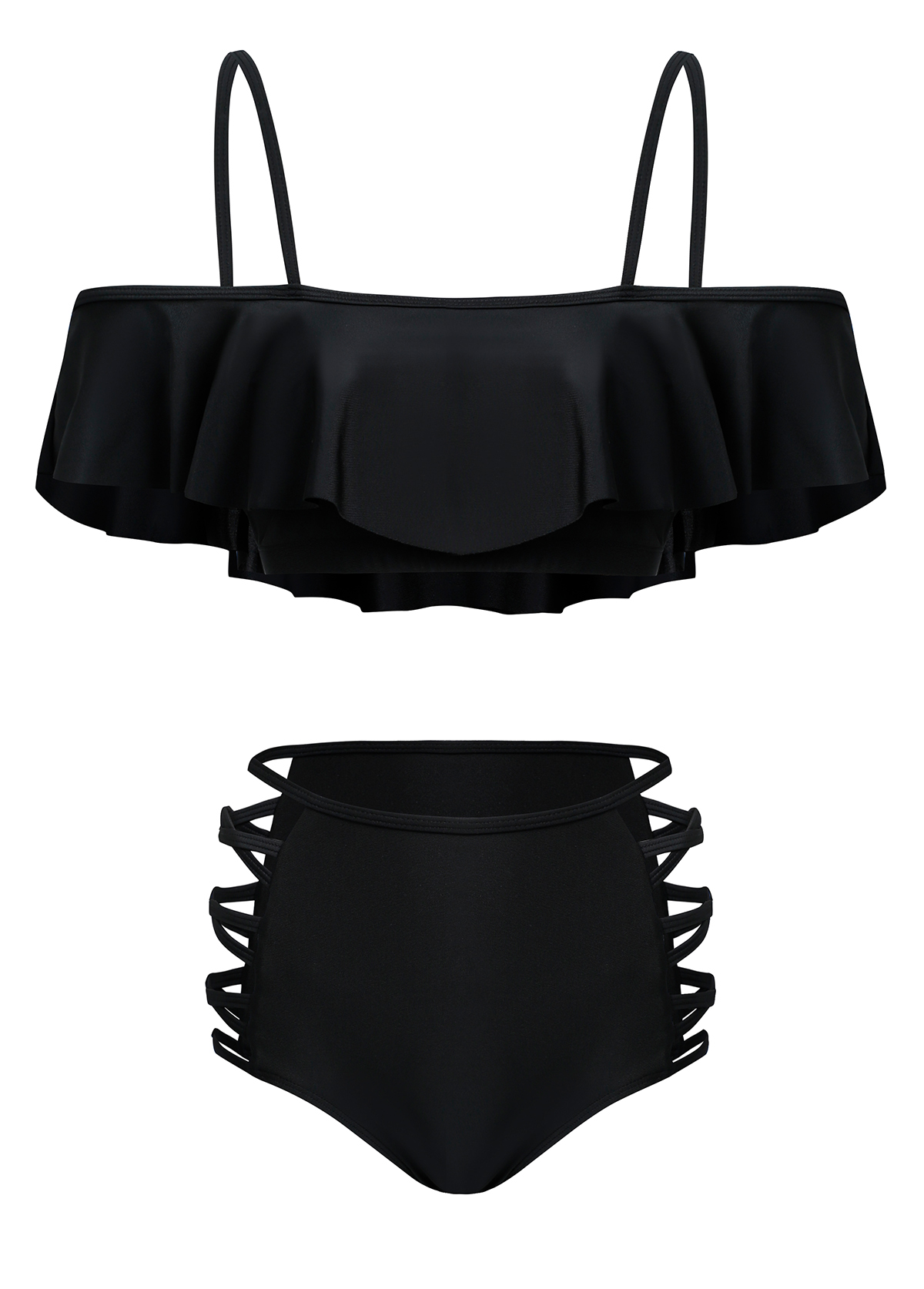 Mid Waist Black Flounce Lace Up Bikini Set