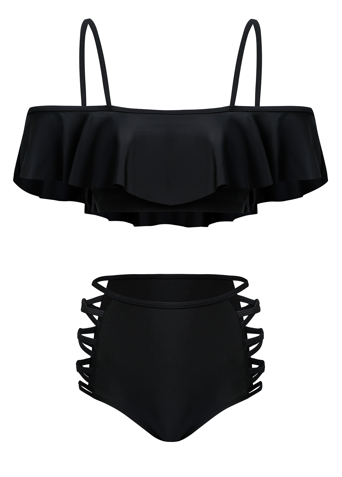 Mid Waist Black Flounce Lace Up Bikini Set | picture 