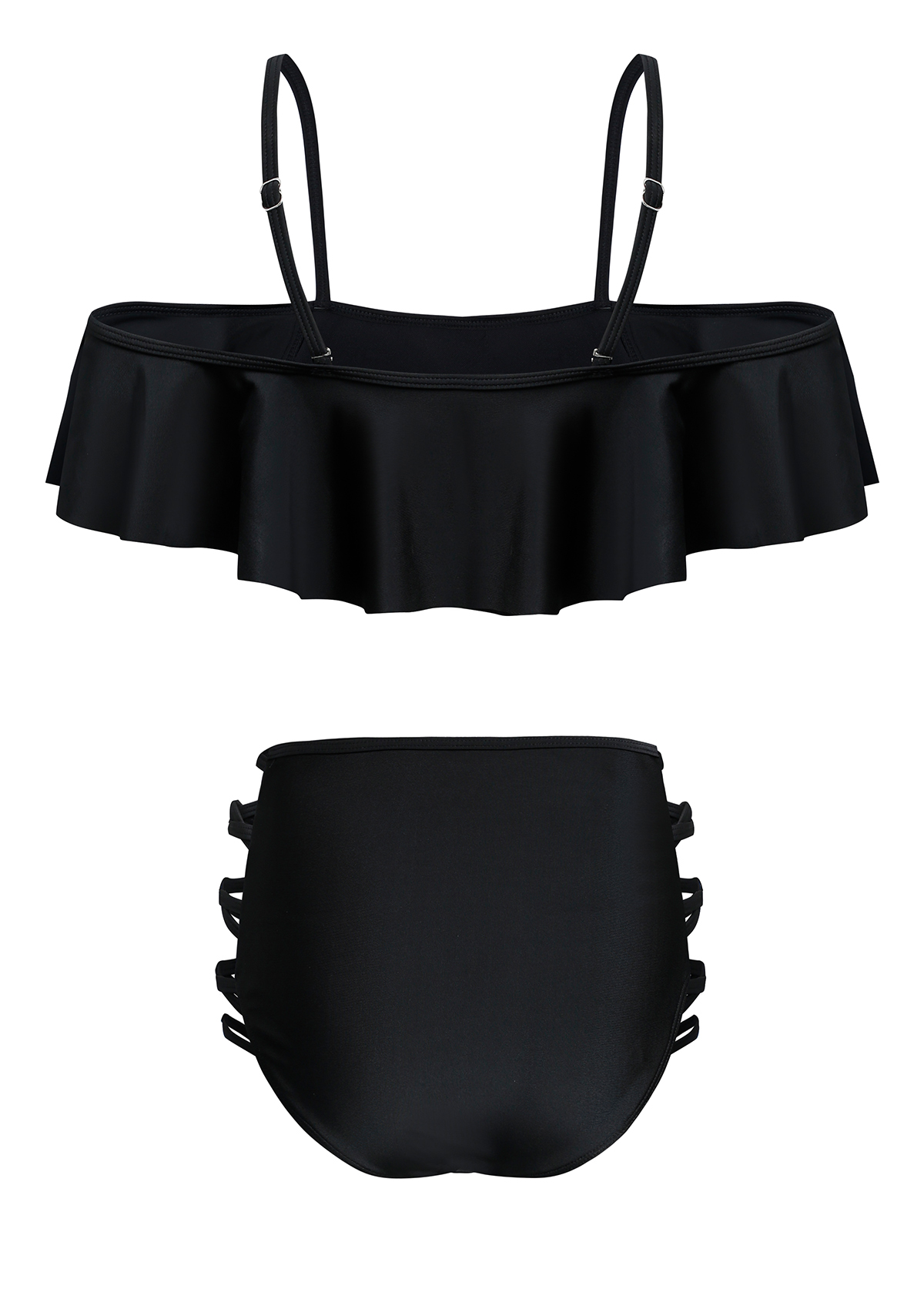 Mid Waist Black Flounce Lace Up Bikini Set