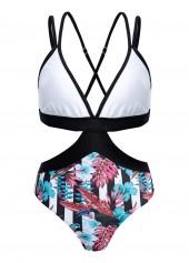 Floral Print Cross Strap Contrast One Piece Swimwear | thumb picture 