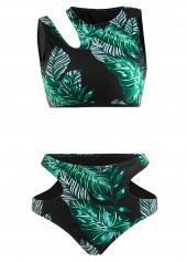 Cut Out Mid Waisted Leaf Print Black Bikini Set | thumb picture 