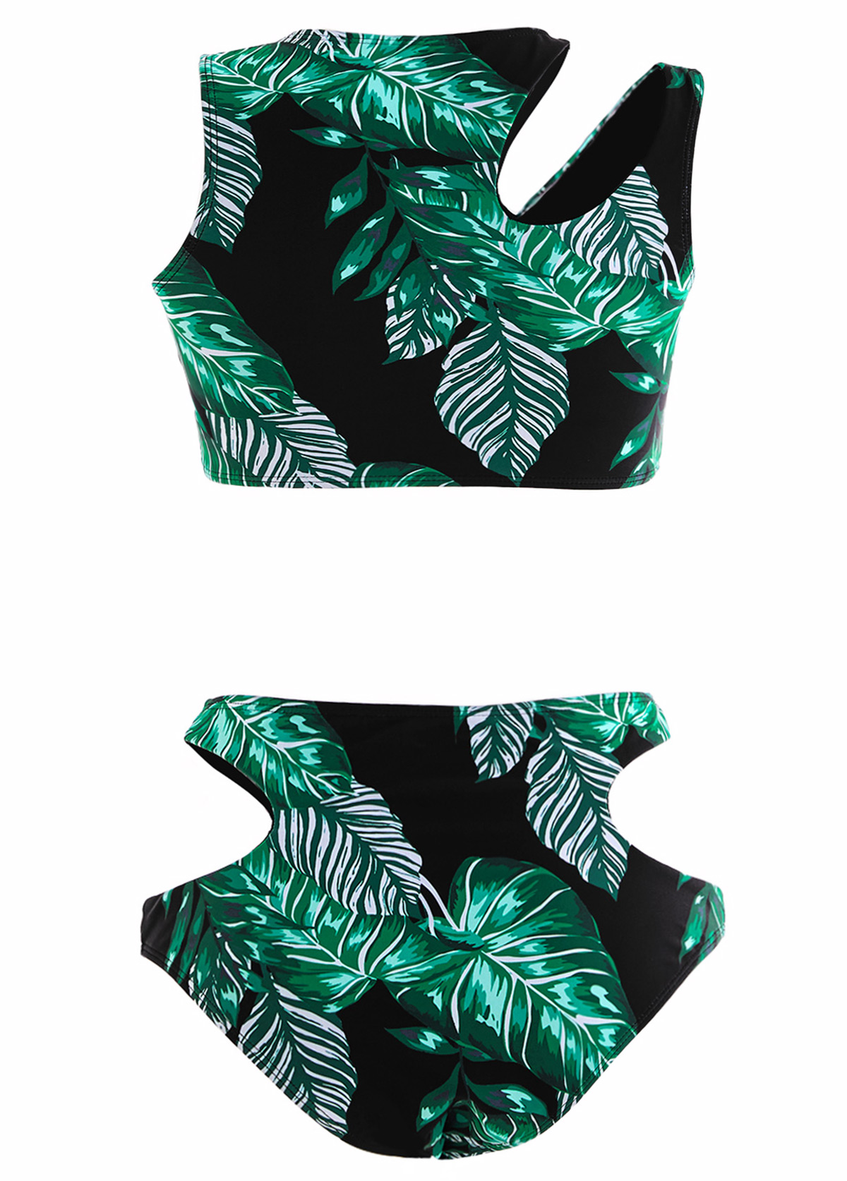 Cut Out Mid Waisted Leaf Print Black Bikini Set