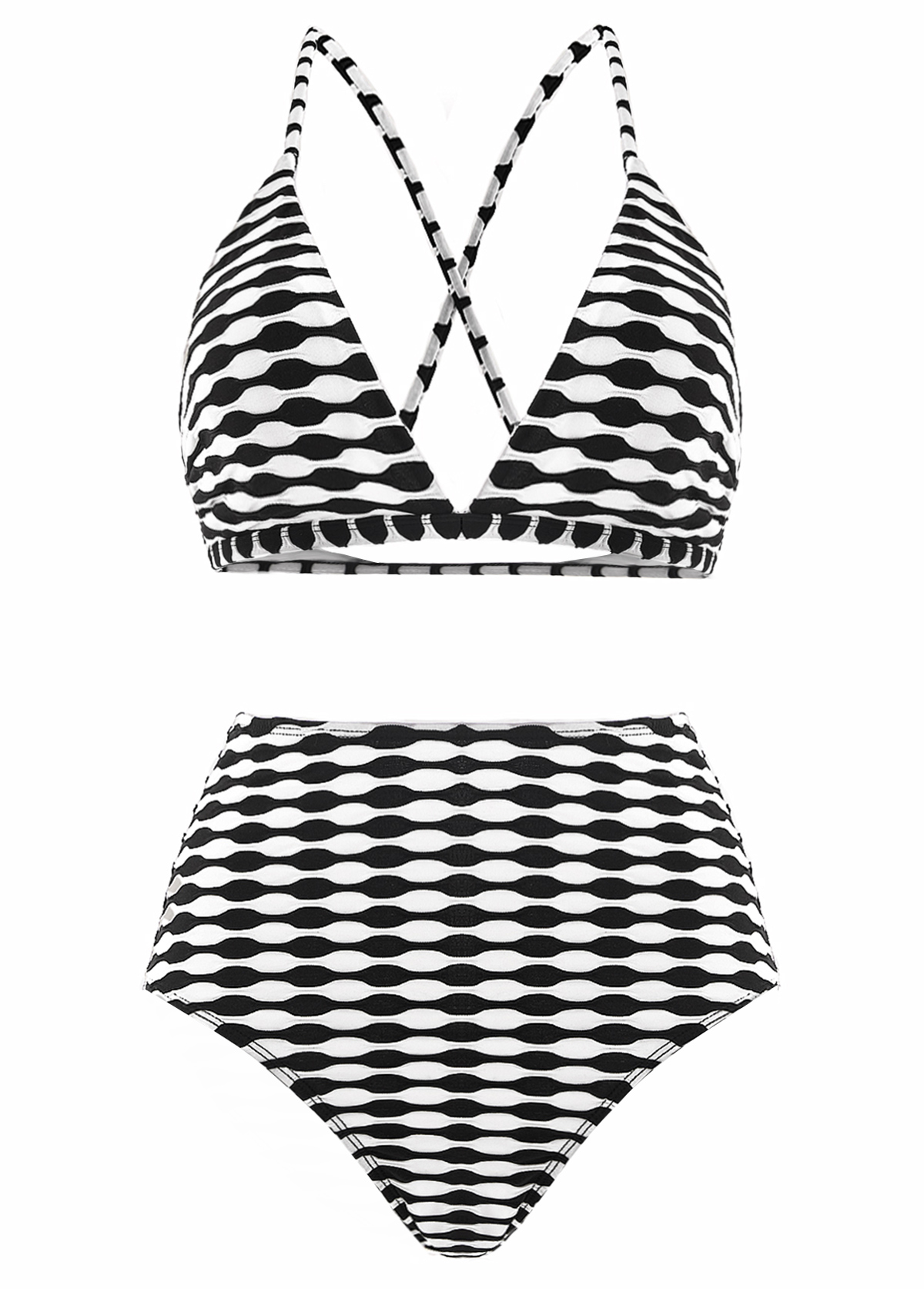 Three-piece High Waisted Geometric Print Black Bikini Set