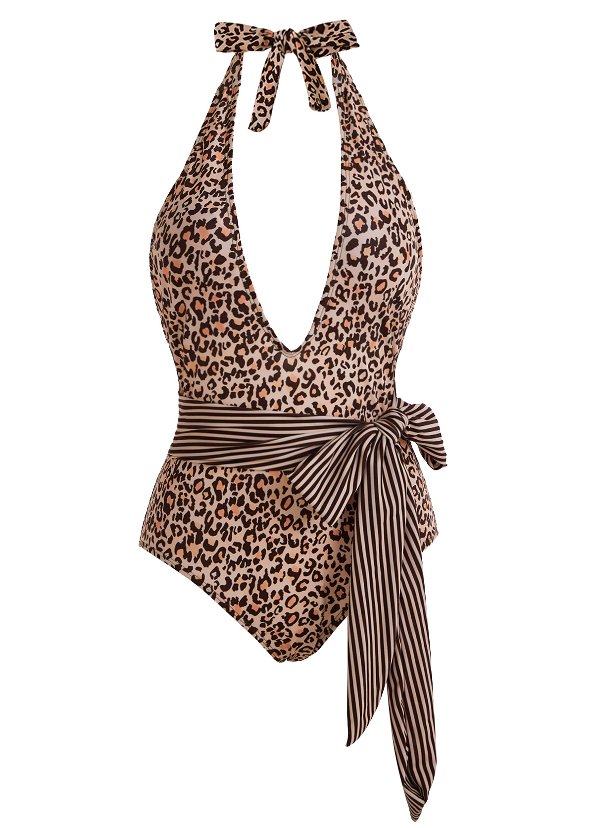 Leopard Print Halter Belted One Piece Swimwear