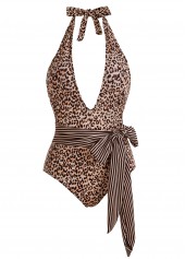 Leopard Print Halter Belted One Piece Swimwear | thumb picture 