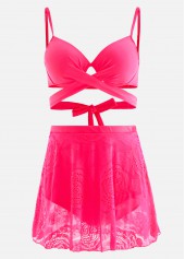 Hot Pink Lace Stitching High Waist Bikini Set | thumb picture 