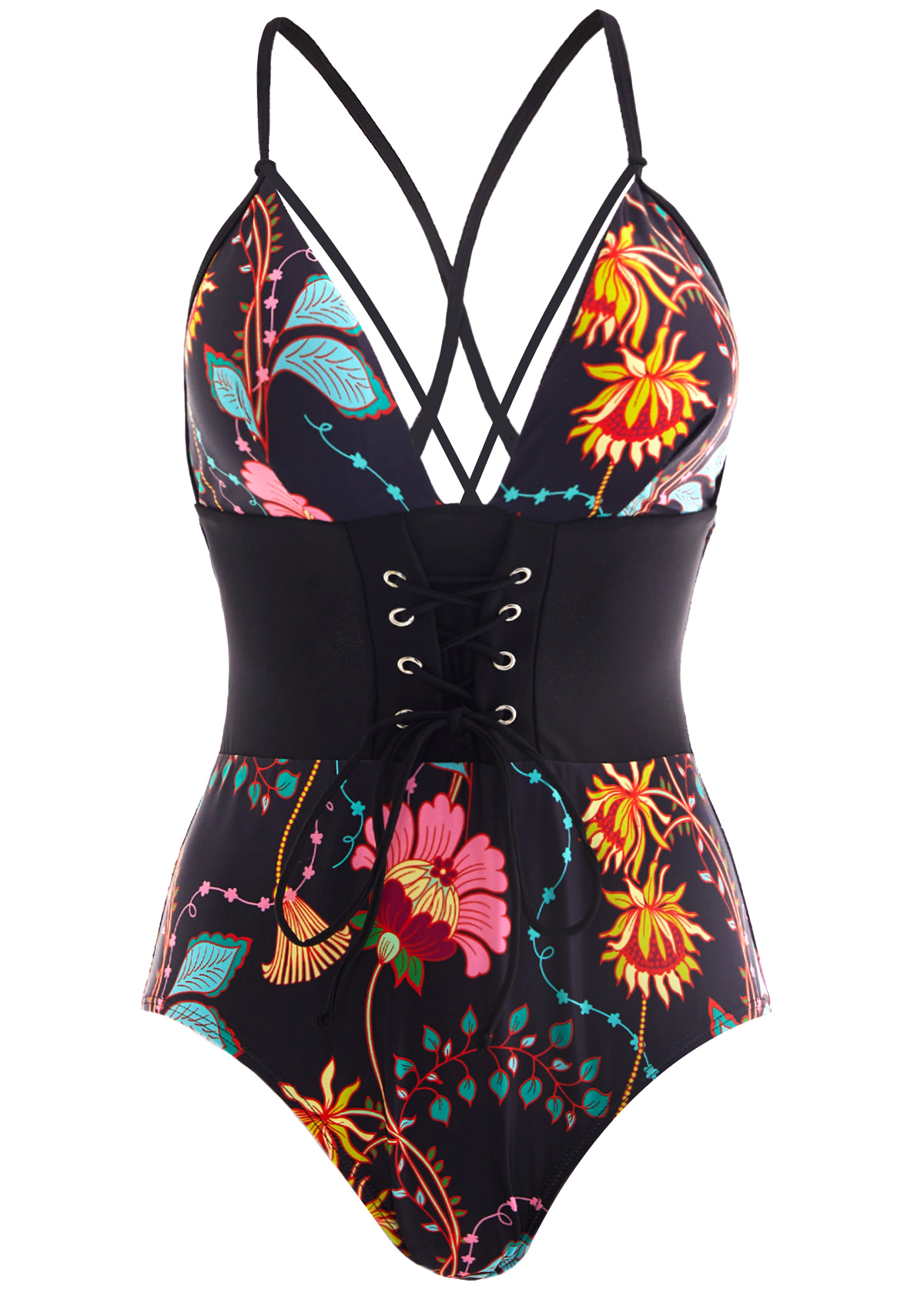 Tie Back Lace Up Front Floral Print One Piece Swimwear