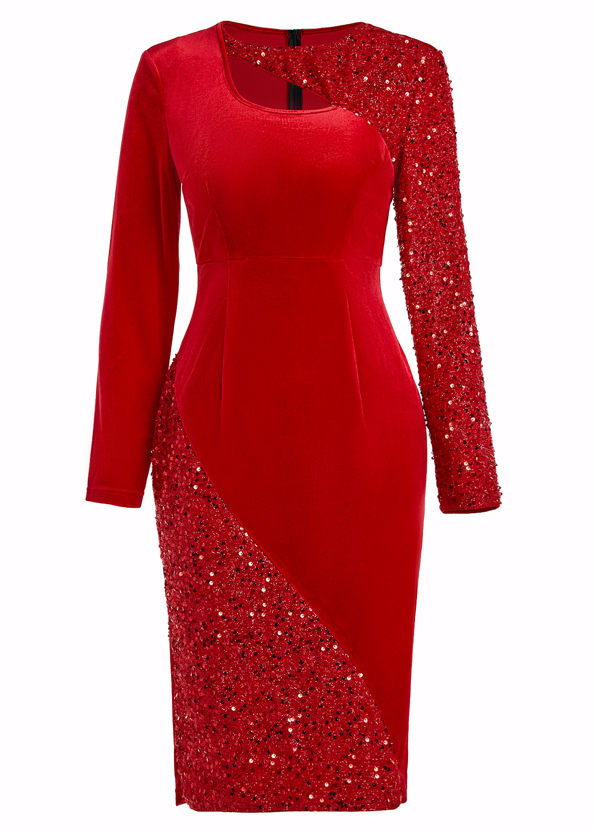Red Sequin Long Sleeve Round Neck Bodycon Dress
