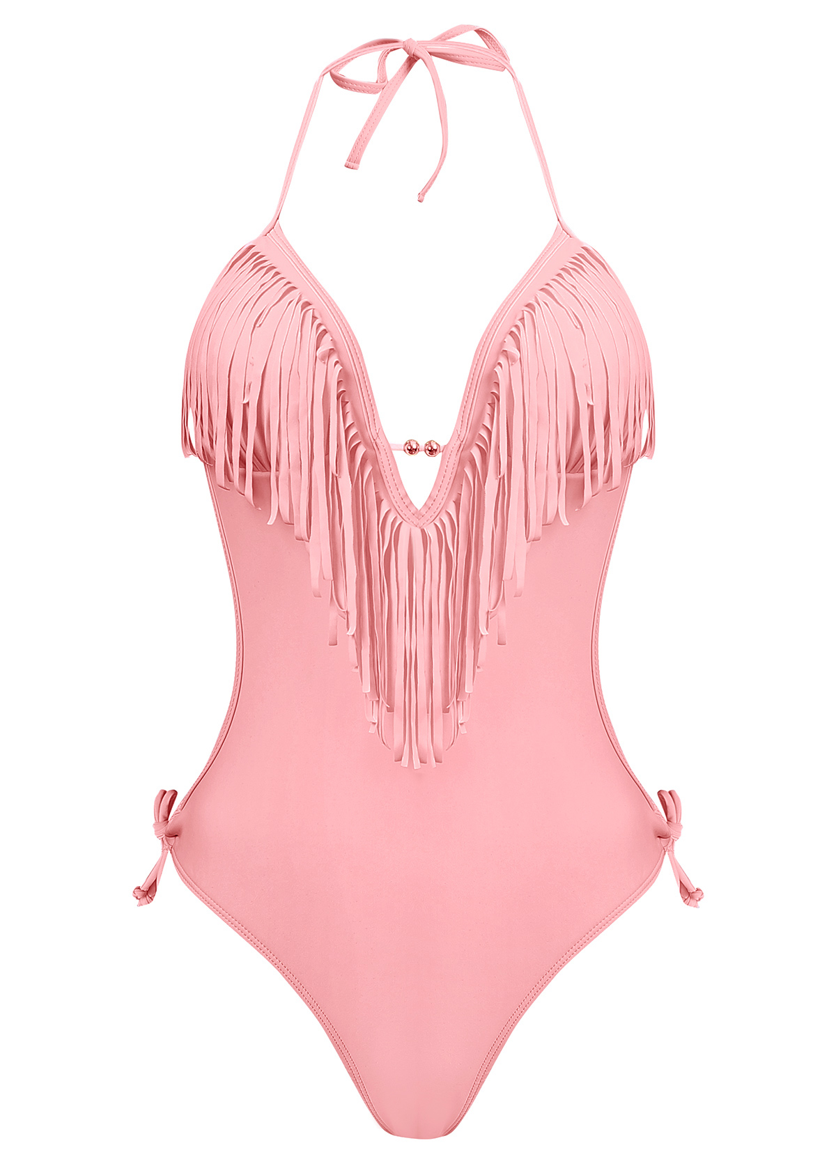 Tassel Embellished Halter Light Pink One Piece Swimwear