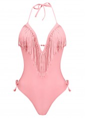 Tassel Embellished Halter Light Pink One Piece Swimwear | thumb picture 