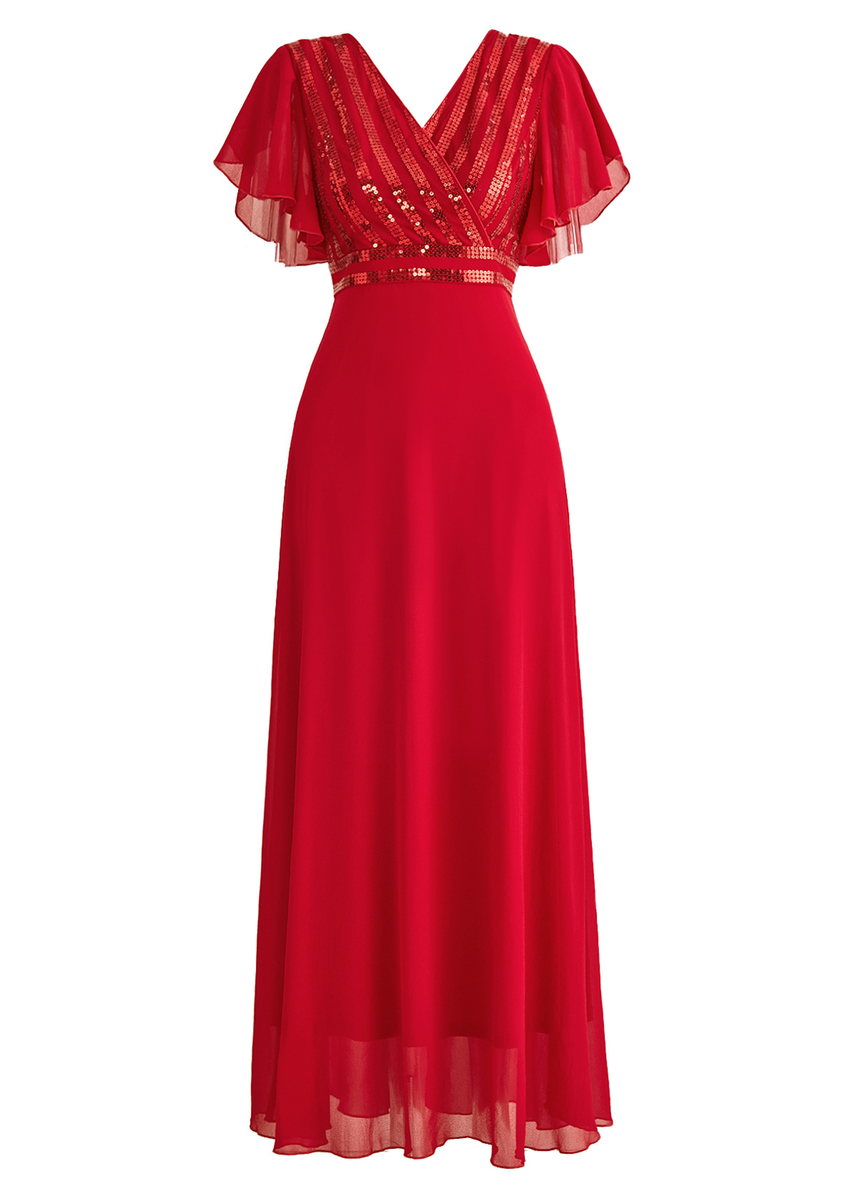Red Sequin Short Sleeve V Neck Dress