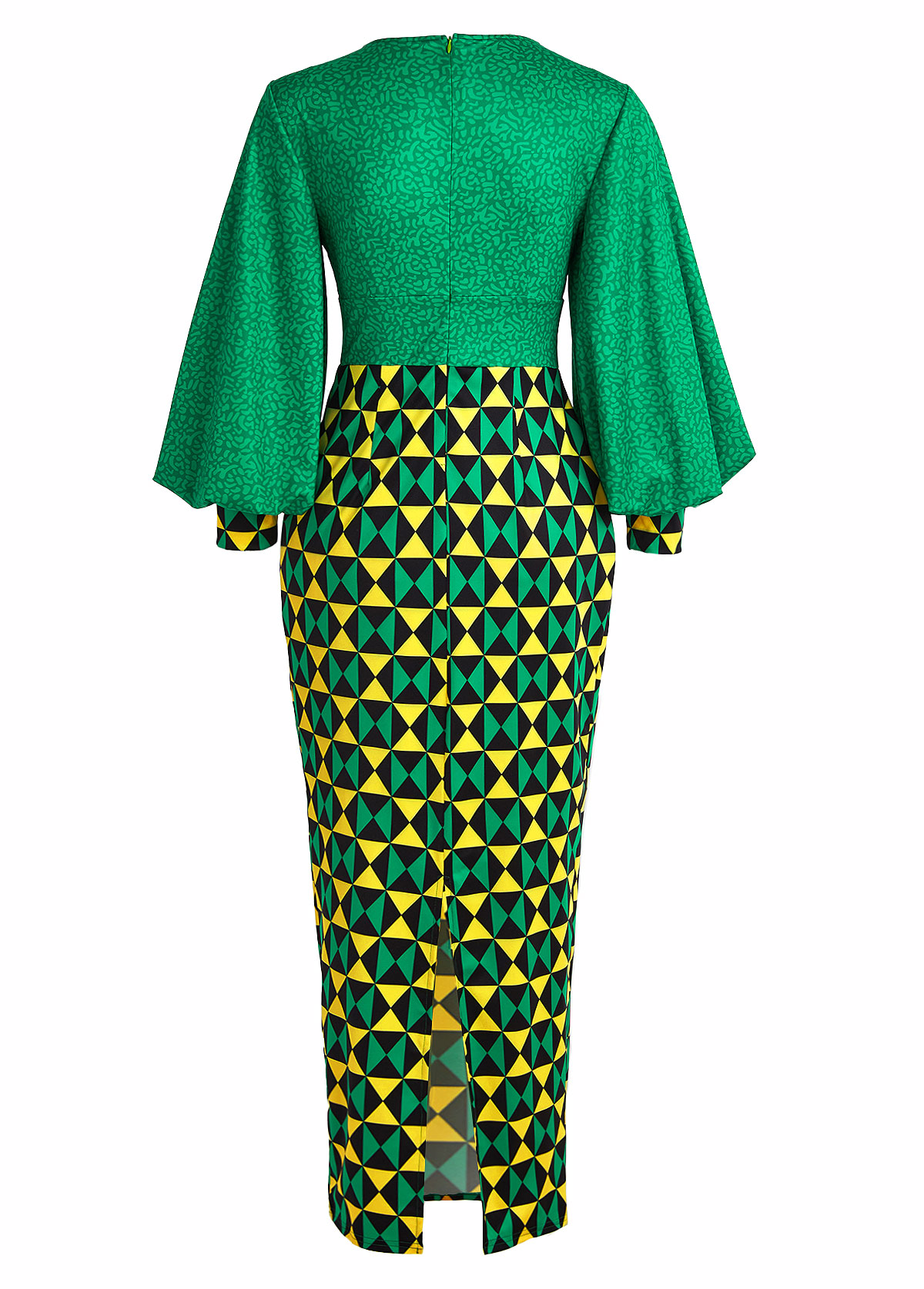Green Patchwork Geometric Print Maxi Bodycon Dress