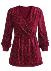 Wine Red Velvet Long Sleeve V Neck Blouse | thumb picture 