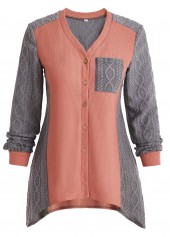 Orange Patchwork Long Sleeve V Neck Blouse | thumb picture 