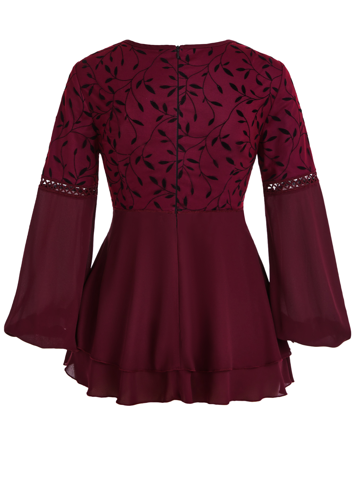 Wine Red Patchwork Leaf Print Long Sleeve Blouse