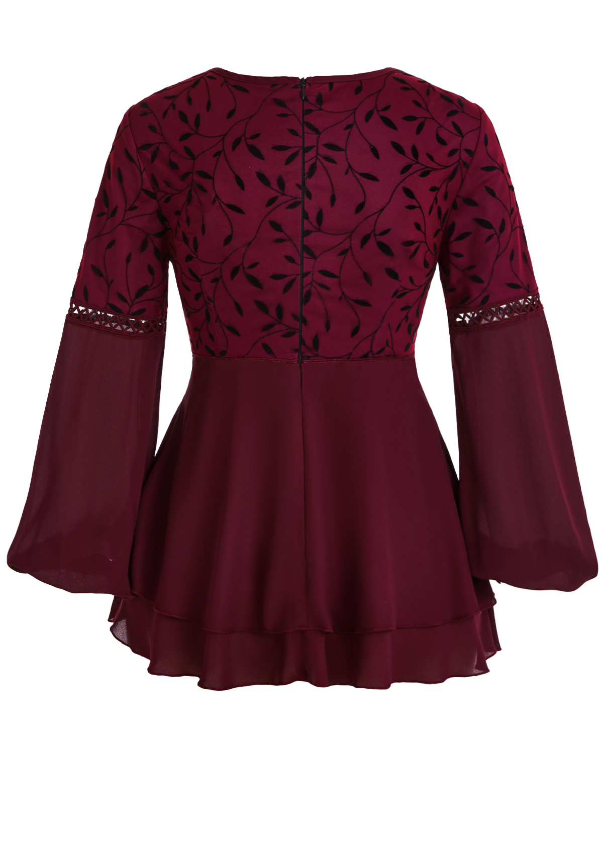 Wine Red Patchwork Leaf Print Long Sleeve Blouse | picture 