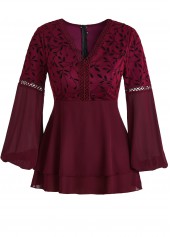 Wine Red Patchwork Leaf Print Long Sleeve Blouse | thumb picture 