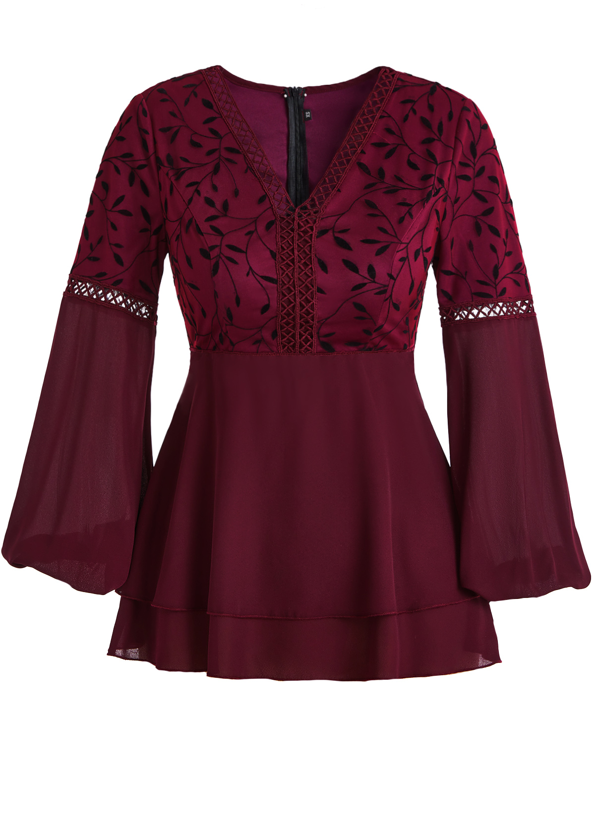 Wine Red Patchwork Leaf Print Long Sleeve Blouse | picture 
