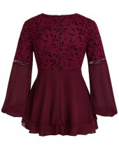 Wine Red Patchwork Leaf Print Long Sleeve Blouse | thumb picture 