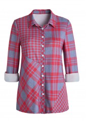 Red Button Plaid Long Sleeve Shirt Collar Blouse | thumb picture 