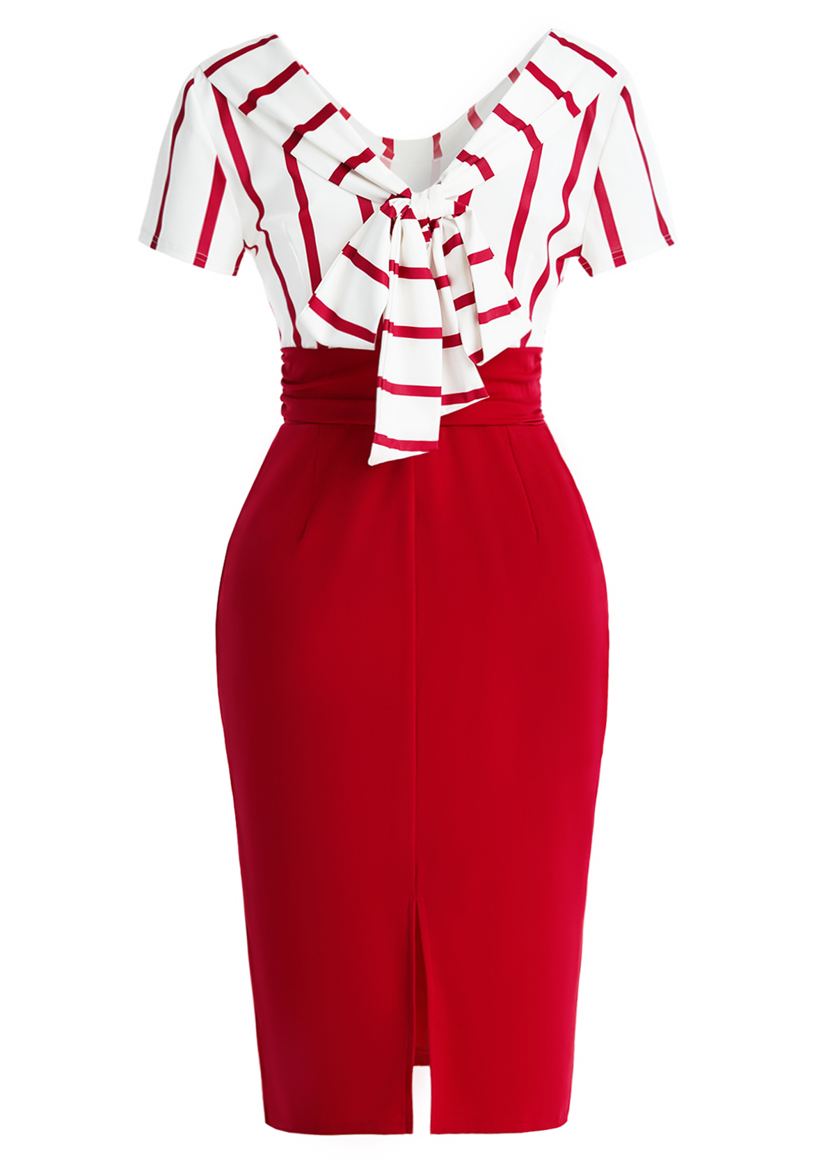 Red Bowknot Striped Short Sleeve Draped Neck Bodycon Dress