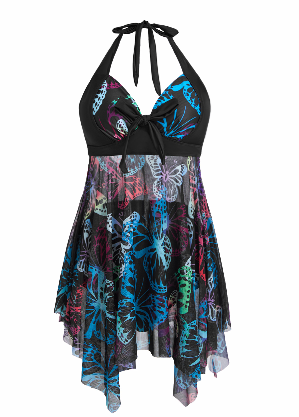 Patchwork Mid Waisted Butterfly Print Blue Swimdress and Panty