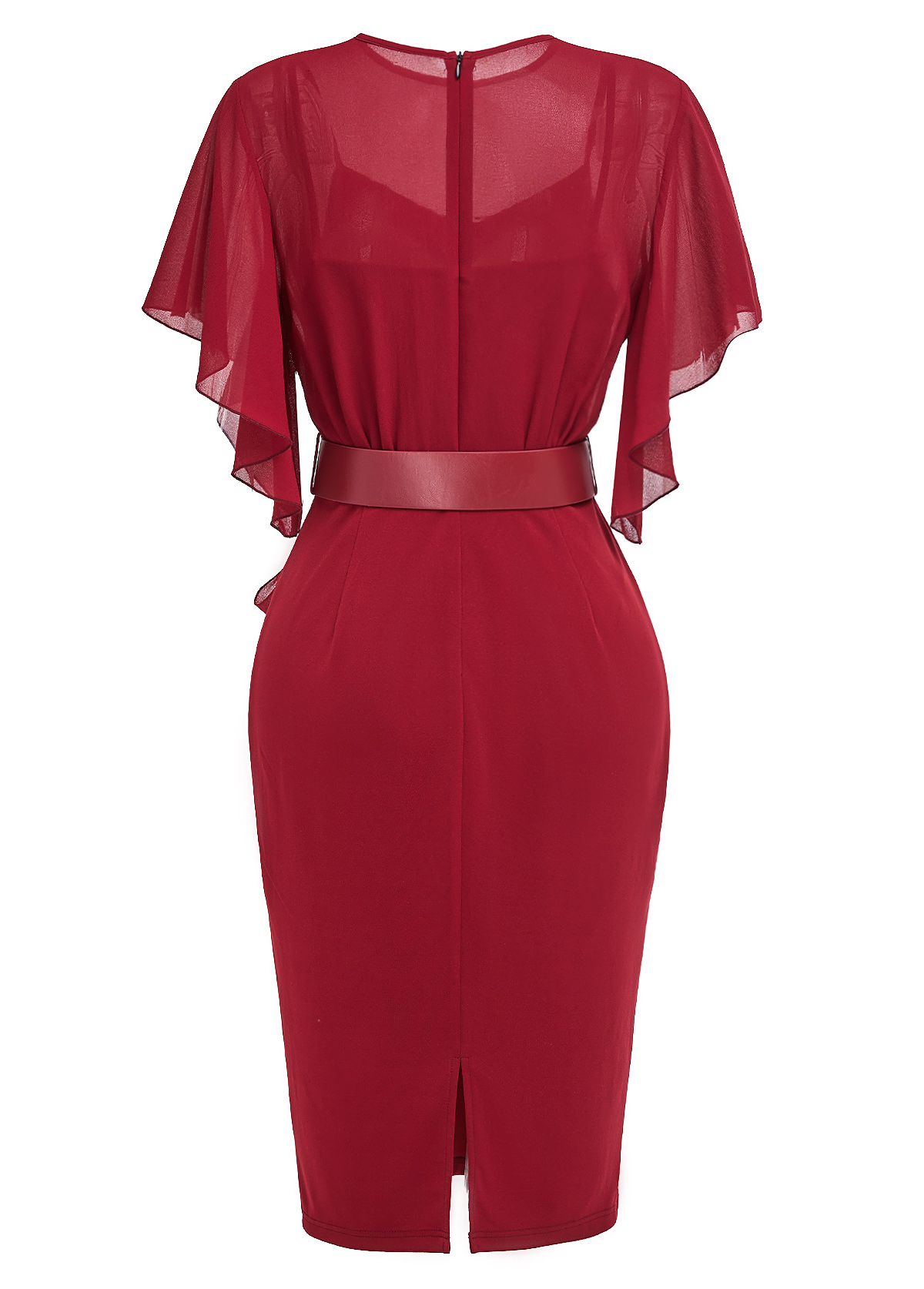 Wine Red Tie Belted Short Sleeve Bodycon Dress