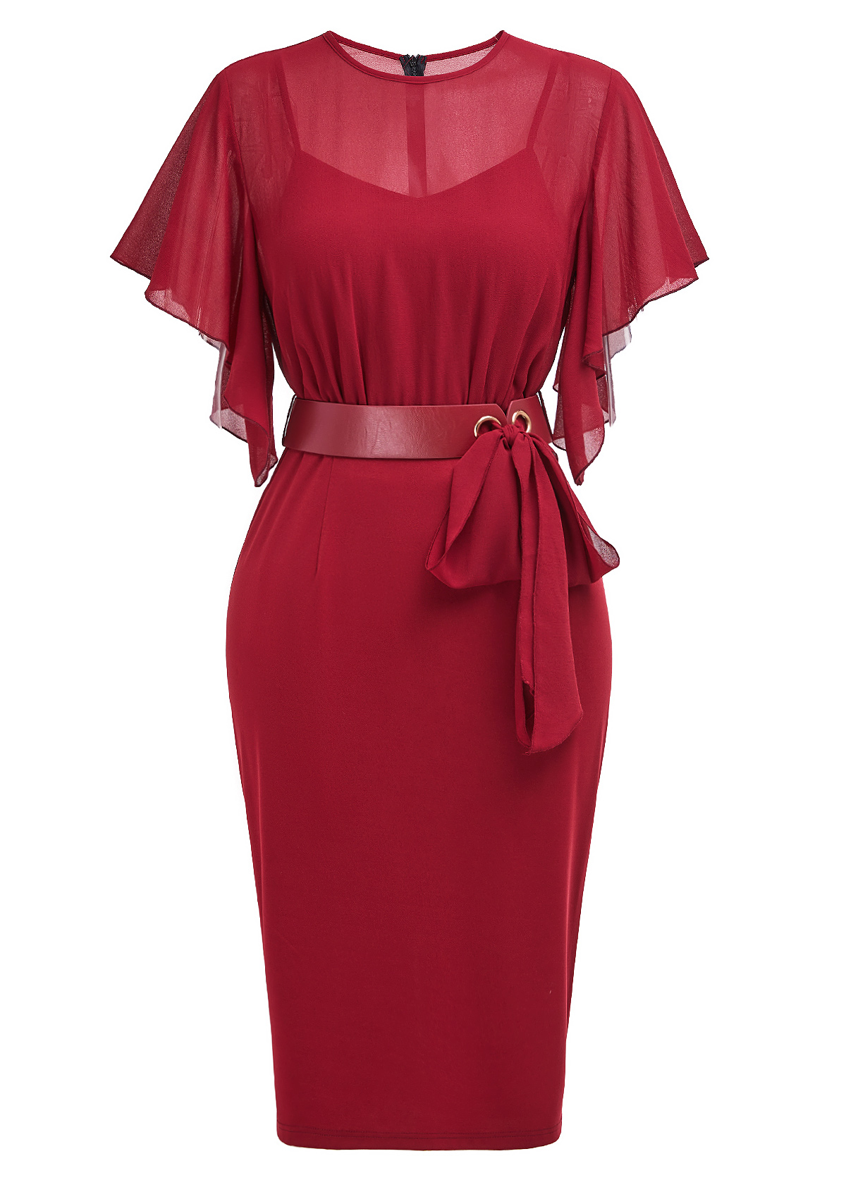 Wine Red Tie Belted Short Sleeve Bodycon Dress