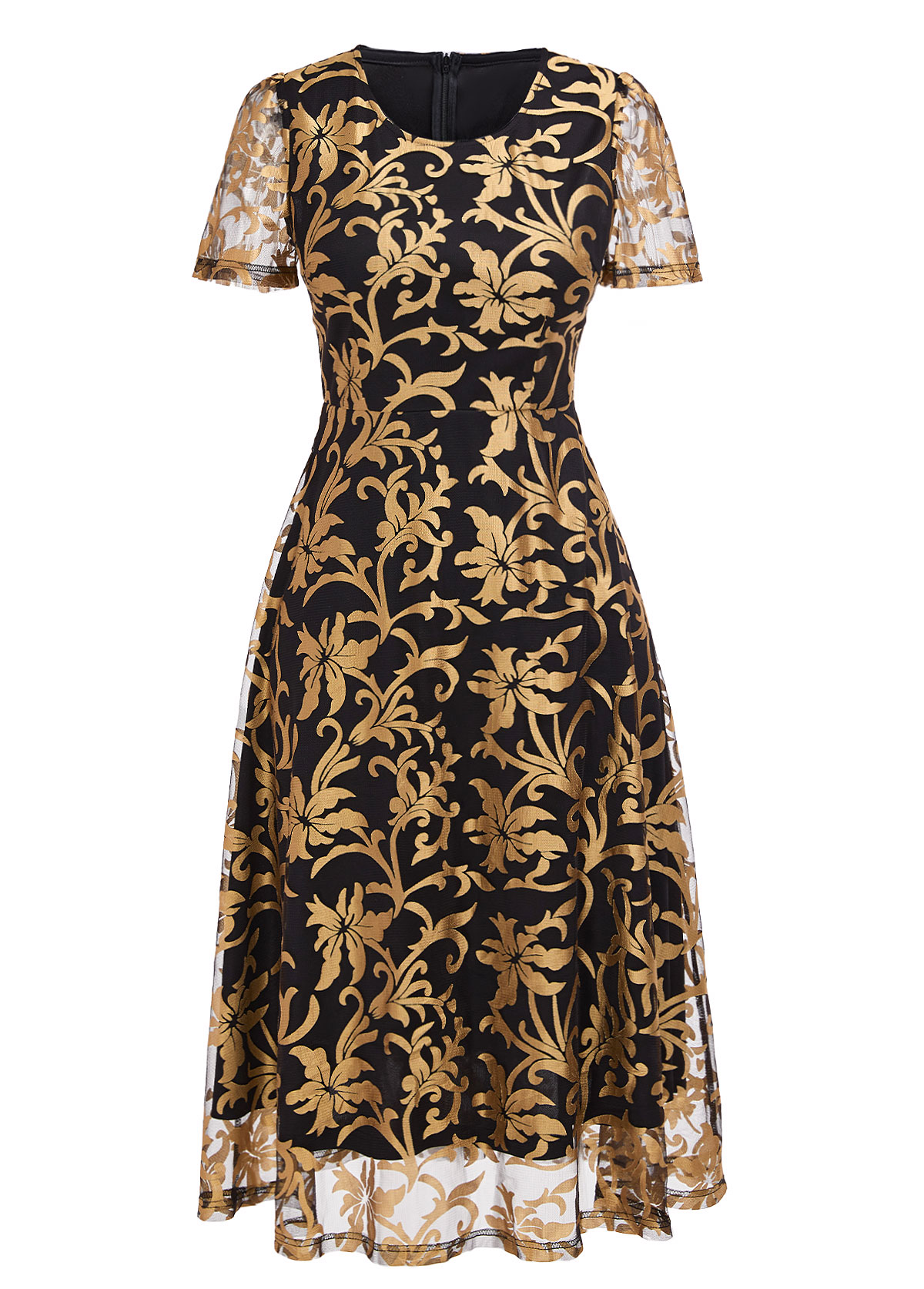 Golden Layered Floral Print Short Sleeve Round Neck Dress