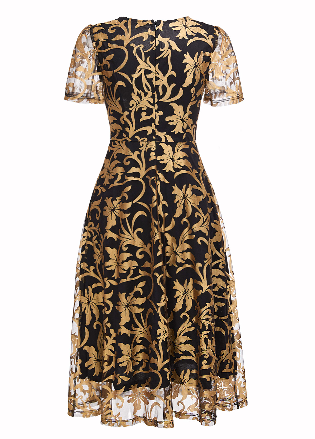 Golden Layered Floral Print Short Sleeve Round Neck Dress