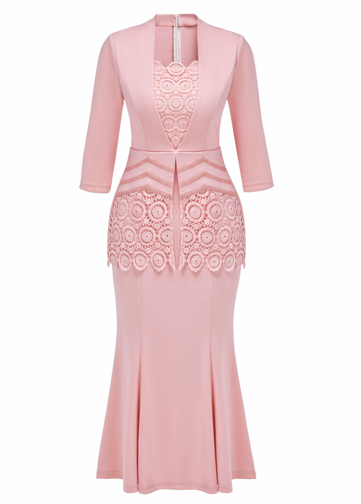 Pink Fake 2in1 3/4 Sleeve Square Neck Bodycon Dress