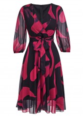 Black Layered Graffiti Print Belted 3/4 Sleeve Dress | thumb picture 