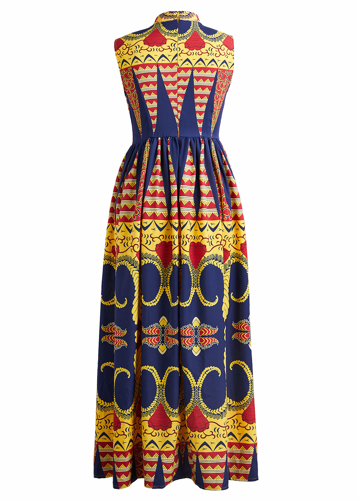 Yellow Ruched Baroque Print Sleeveless Stand Collar Dress
