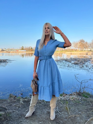 women clothes image of Dusty Blue Polka Dot Short Sleeve Split Neck Dress