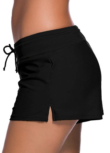 Drawstring Waist Solid Black Swimwear Shorts | modlily.com - USD $22.18