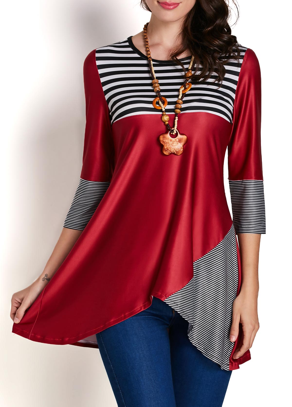 Round Neck Asymmetric Hem Patchwork Striped T-Shirts Round Neck Asymmetric Hem Patchwork Striped T-Shirts