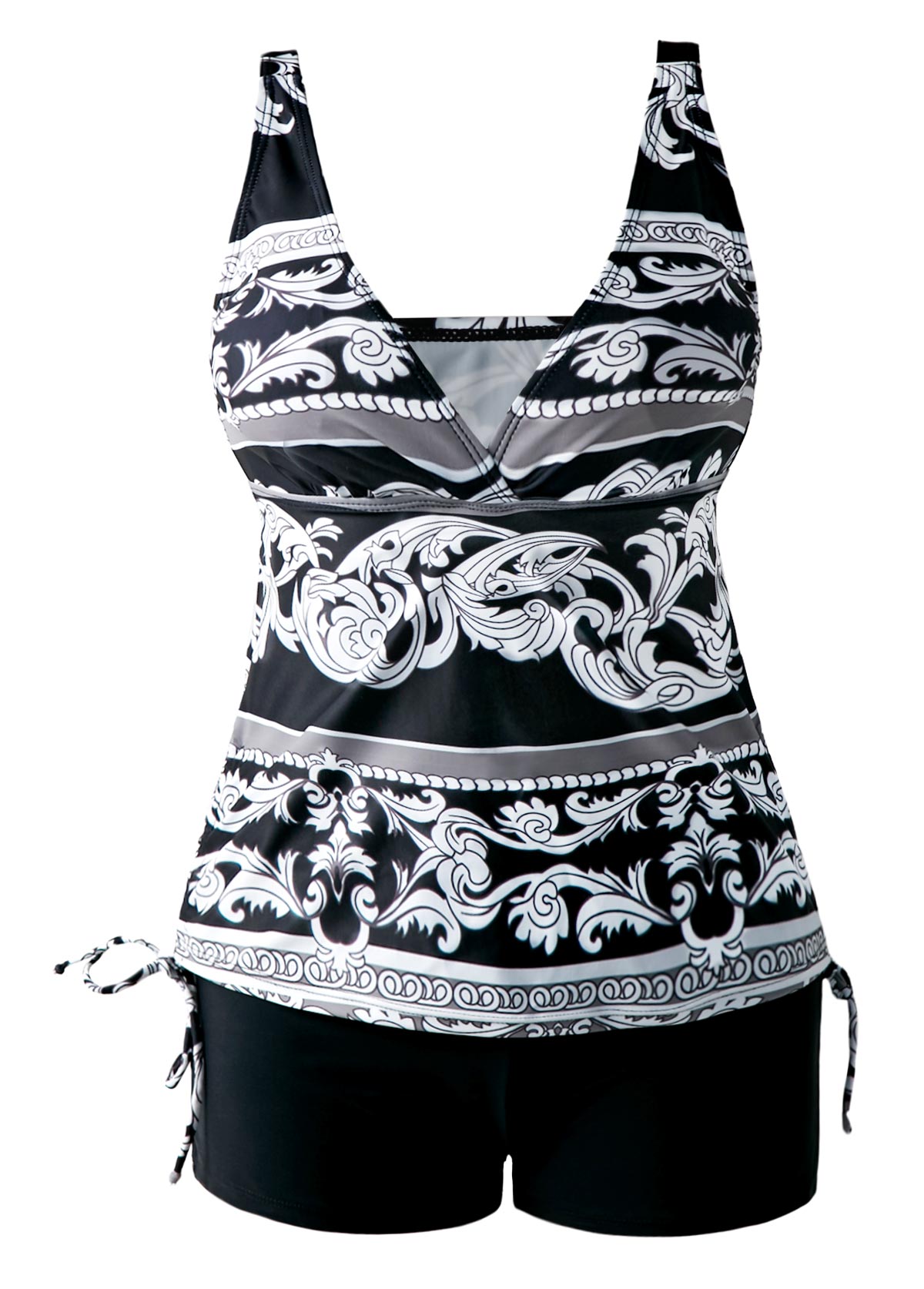 Drawstring Side V Neck Printed Black Tankini USD 23.28