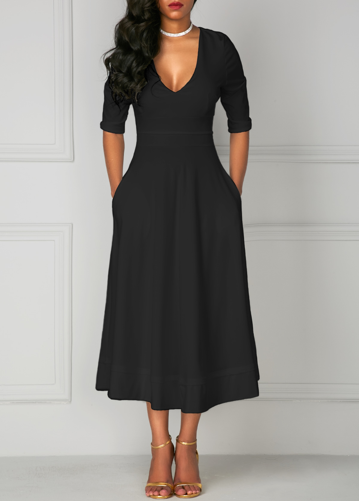 Black V Neck Pocket Design Half  Sleeve  Dress  modlily com 