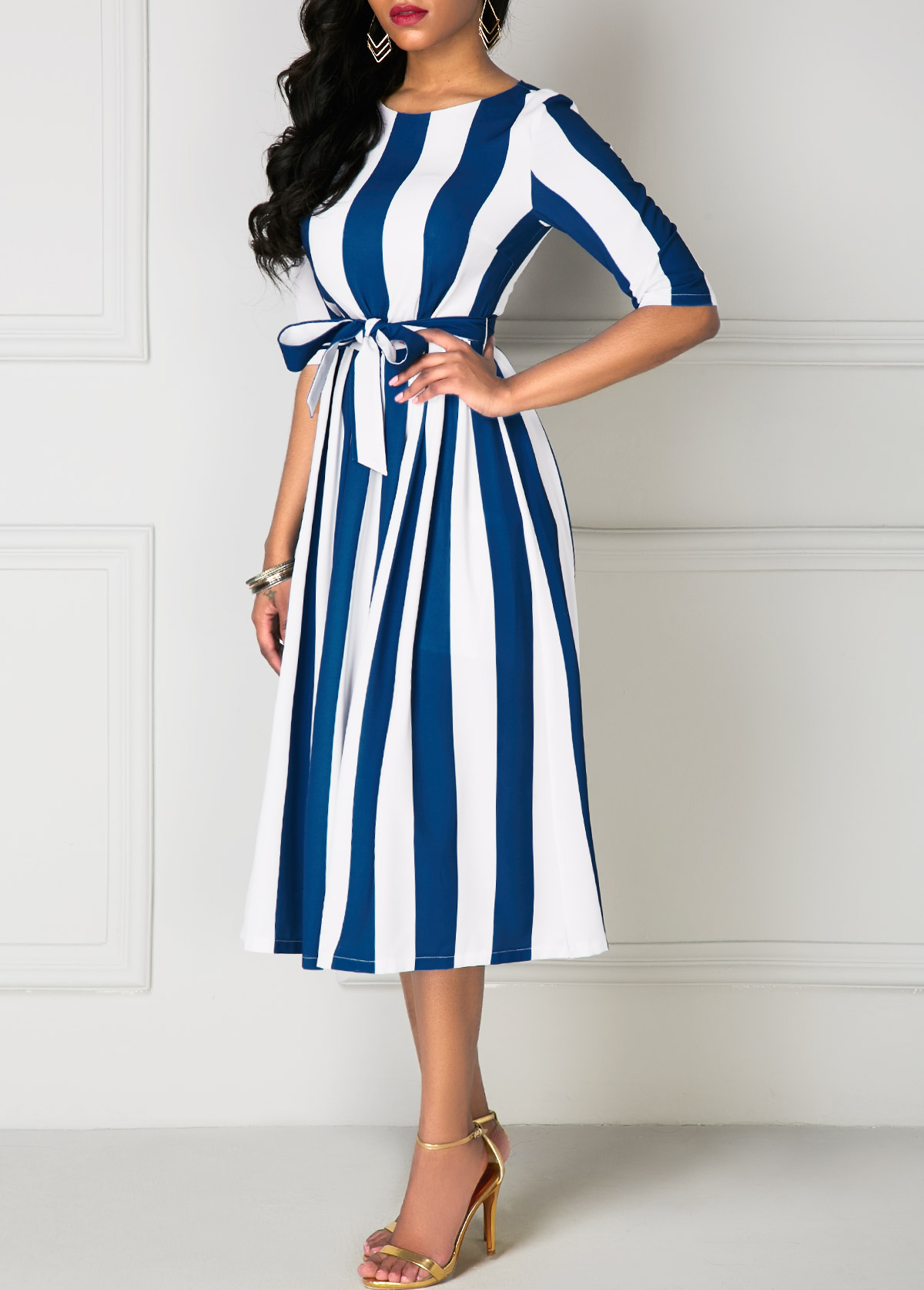 Stripe Print Half Sleeve Belted Dress | modlily.com - USD $28.92