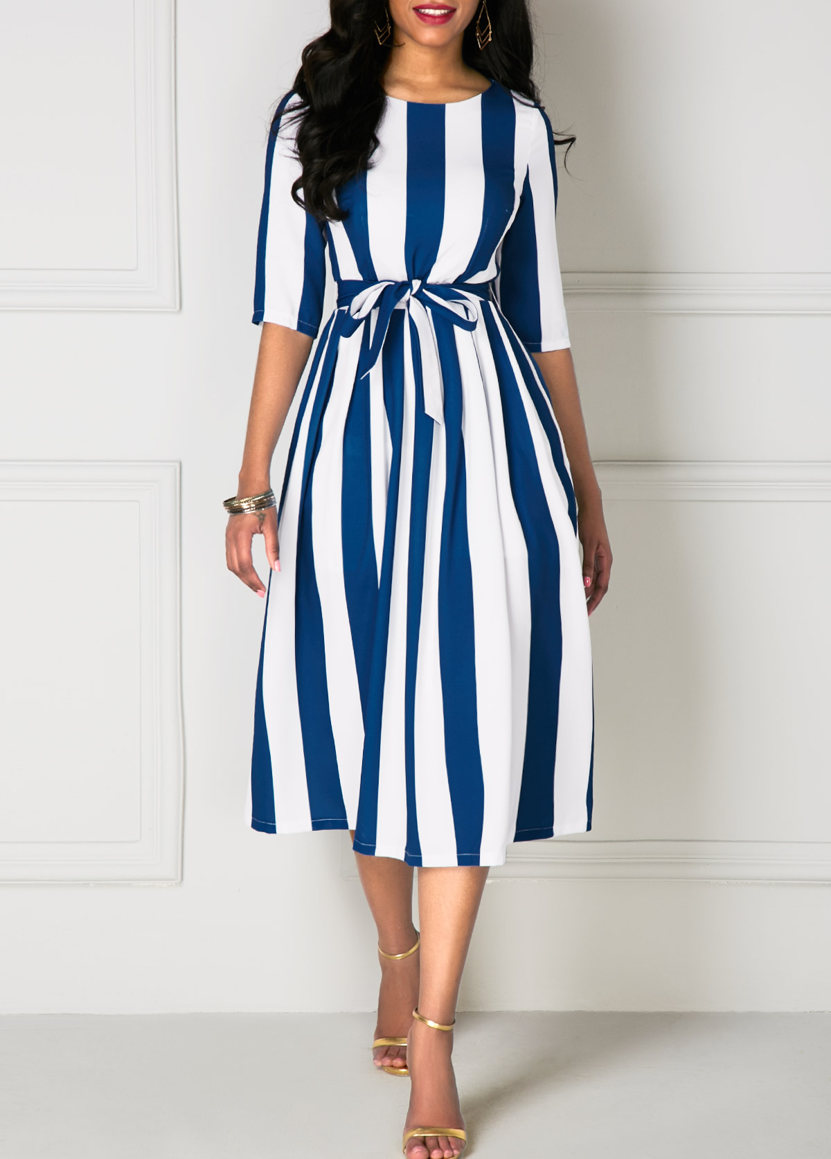 Stripe Print Half Sleeve Belted Dress | modlily.com - USD $28.92