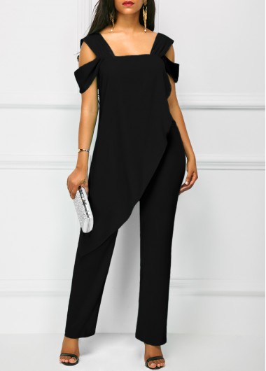 Modlily Black Backless Jumpsuit Open Back Overlay Wide Strap Black Jumpsuit - S