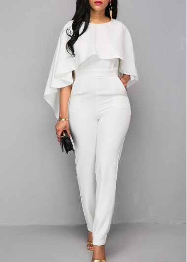 Modlily White Jumpsuit V Back Jumpsuit Zipper Closure Jumpsuit Cloak Jumpsuit for Women - L